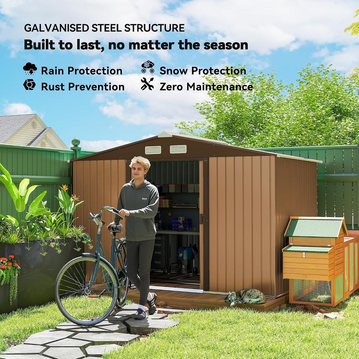 Metal Garden Shed 9 X 6 Ft Light Brown Steel Double Doors