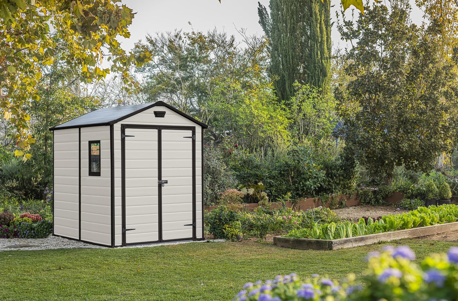 Outdoor Garden Storage Shed 6x8ft Double Doors Beige Brown