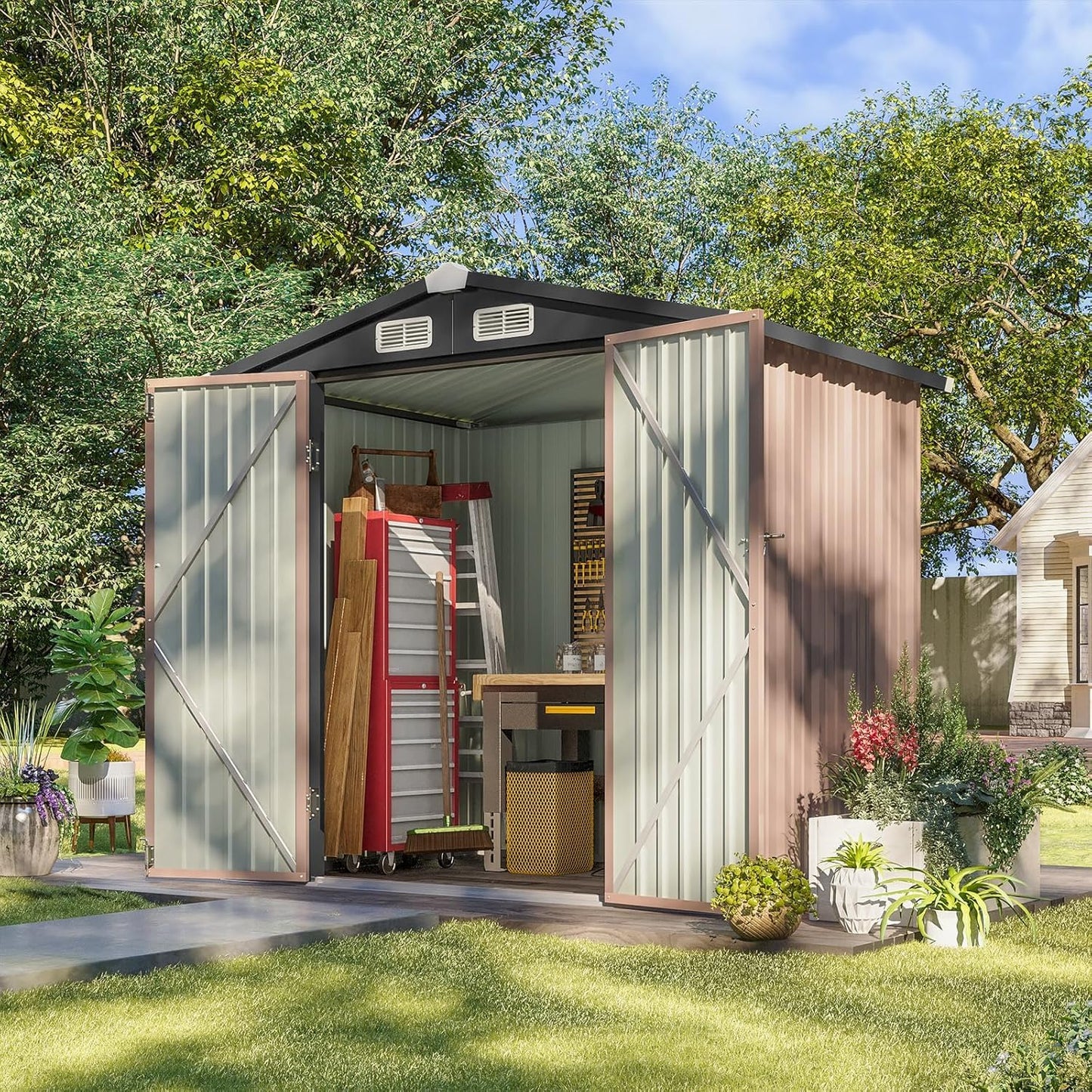 Metal Garden Storage Shed 6 X 4 Ft Brown Alloy Steel Lockable Doors