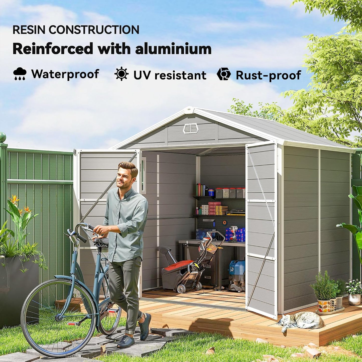 Plastic Garden Storage Shed 8 X 6 Ft Light Grey Aluminium Frame Lockable Door
