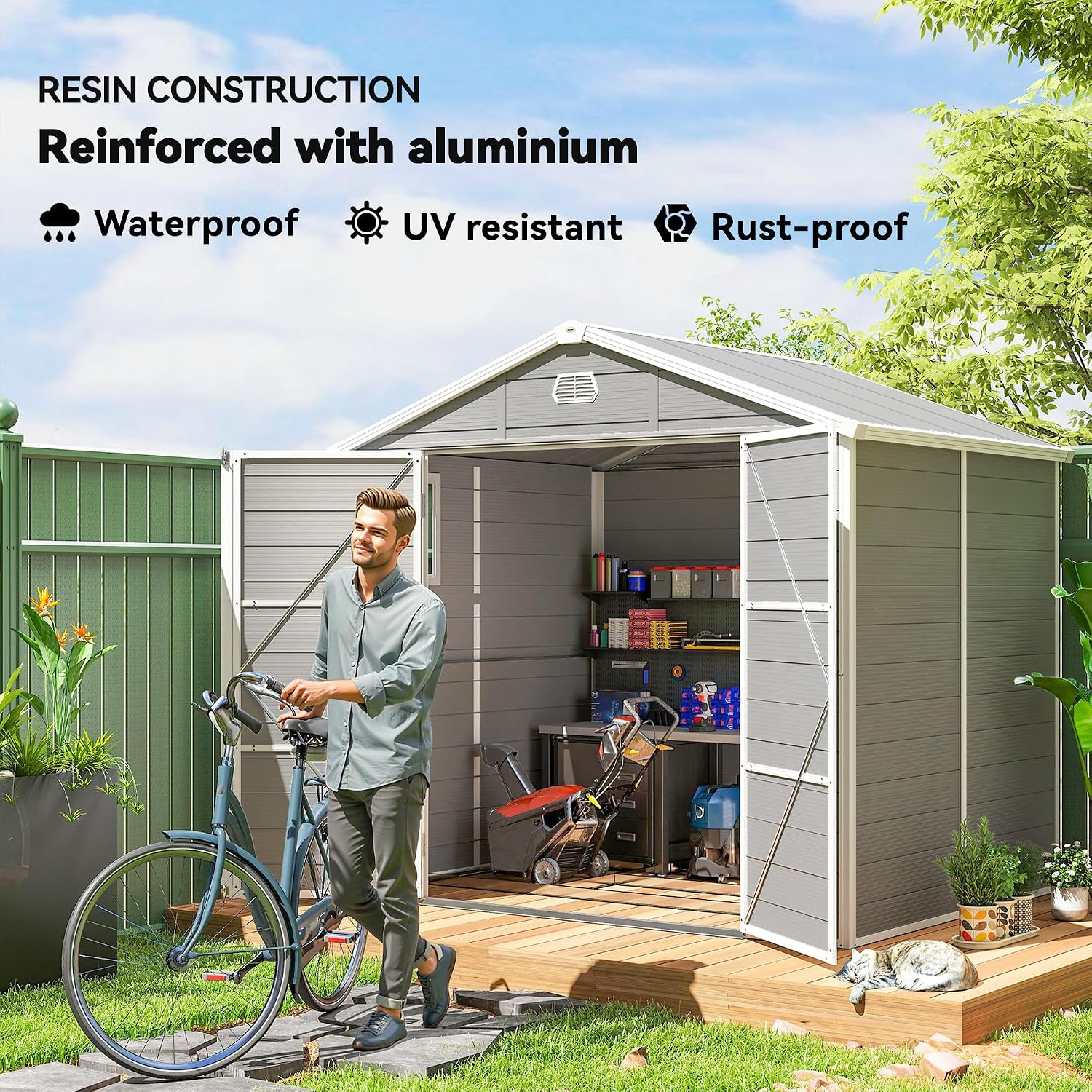 Plastic Garden Storage Shed 8 X 6 Ft Light Grey Aluminium Frame Lockable Door