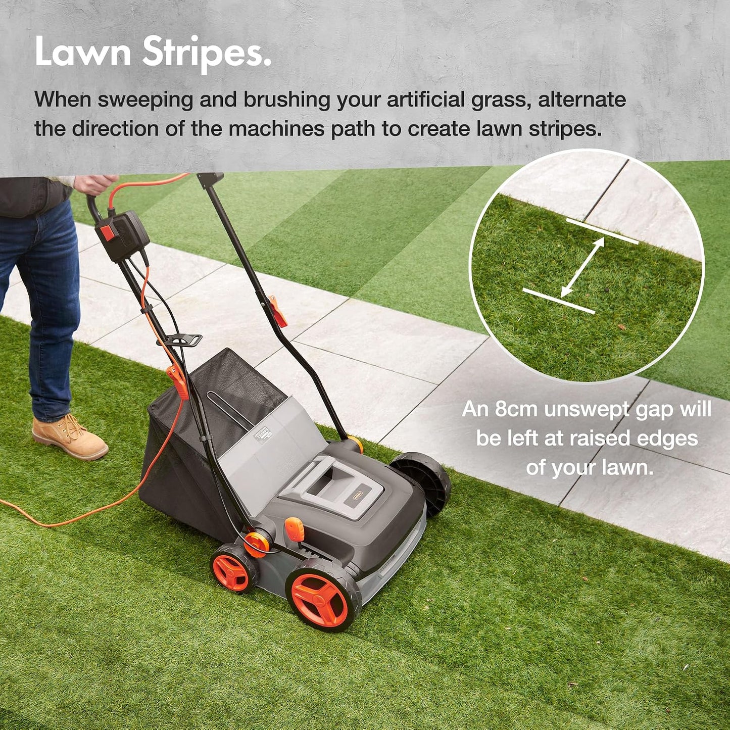 Corded Electric Artificial Grass Sweeper 1800W 45L Bag 370mm 5 Heights Grey Black Orange