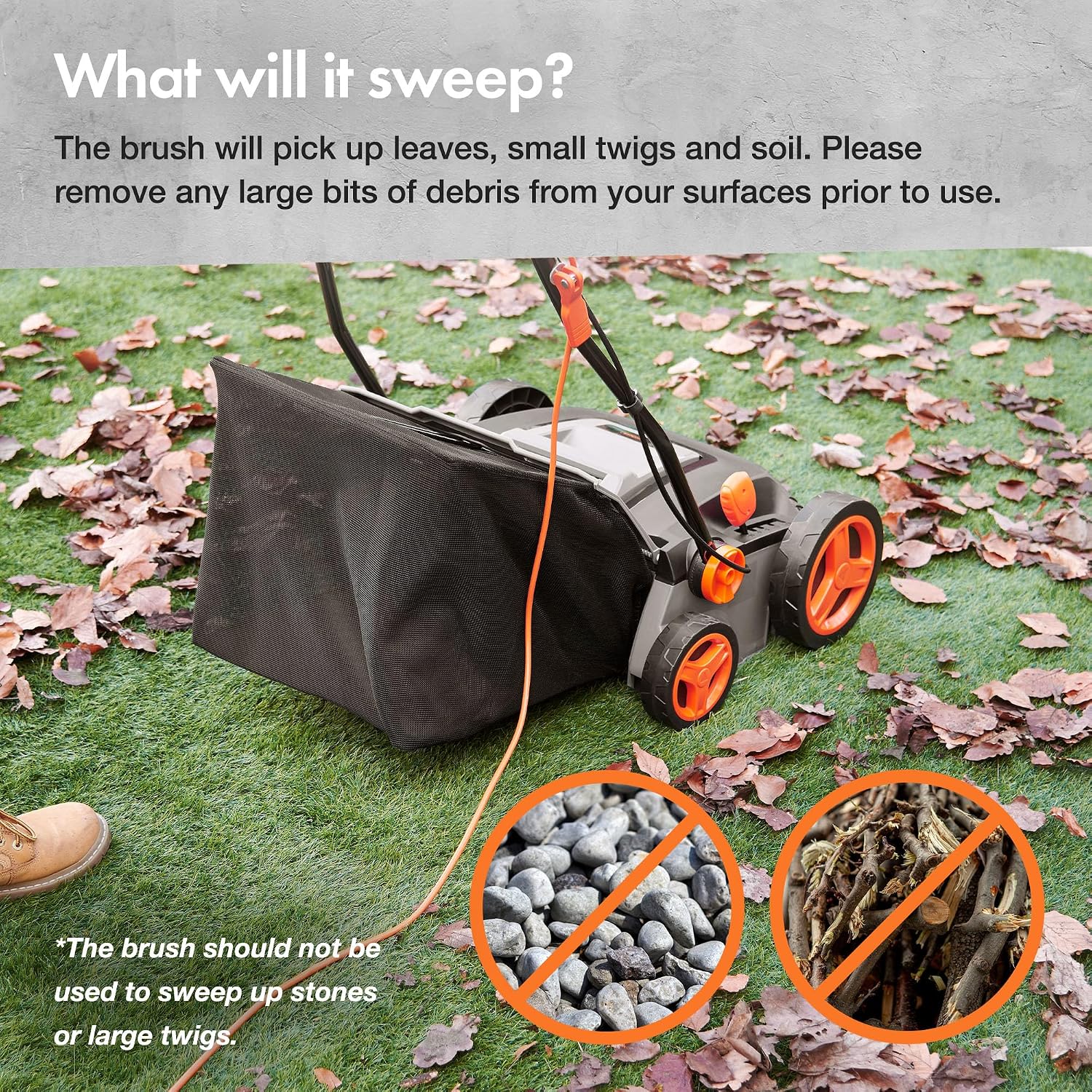 Corded Electric Artificial Grass Sweeper 1800W 45L Bag 370mm 5 Heights Grey Black Orange