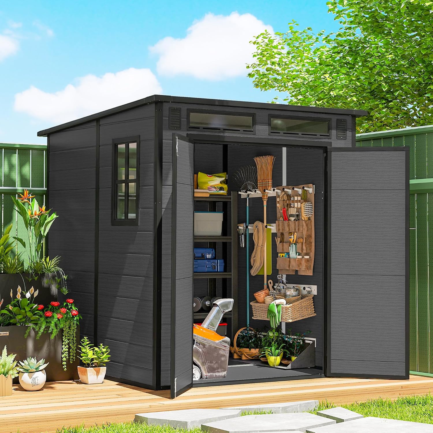 Plastic Garden Storage Shed 6 X 6 Ft Dark Grey Aluminium Frame Double Doors