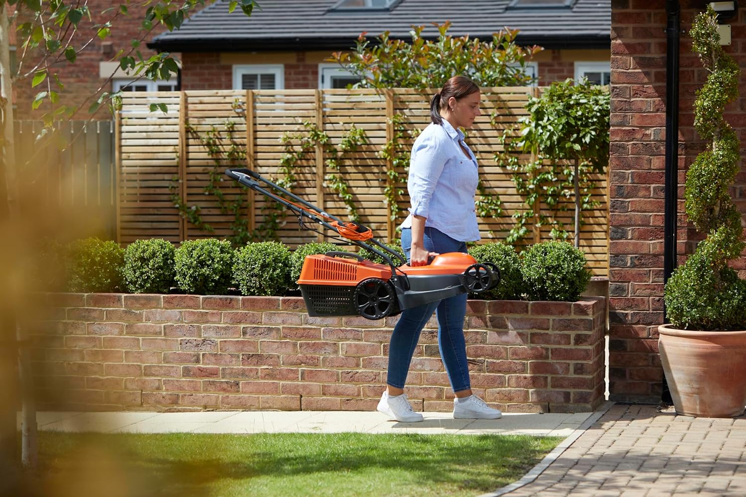 Corded Wheeled Lawn Mower 32cm 1300W 30L Grass Box Orange Grey