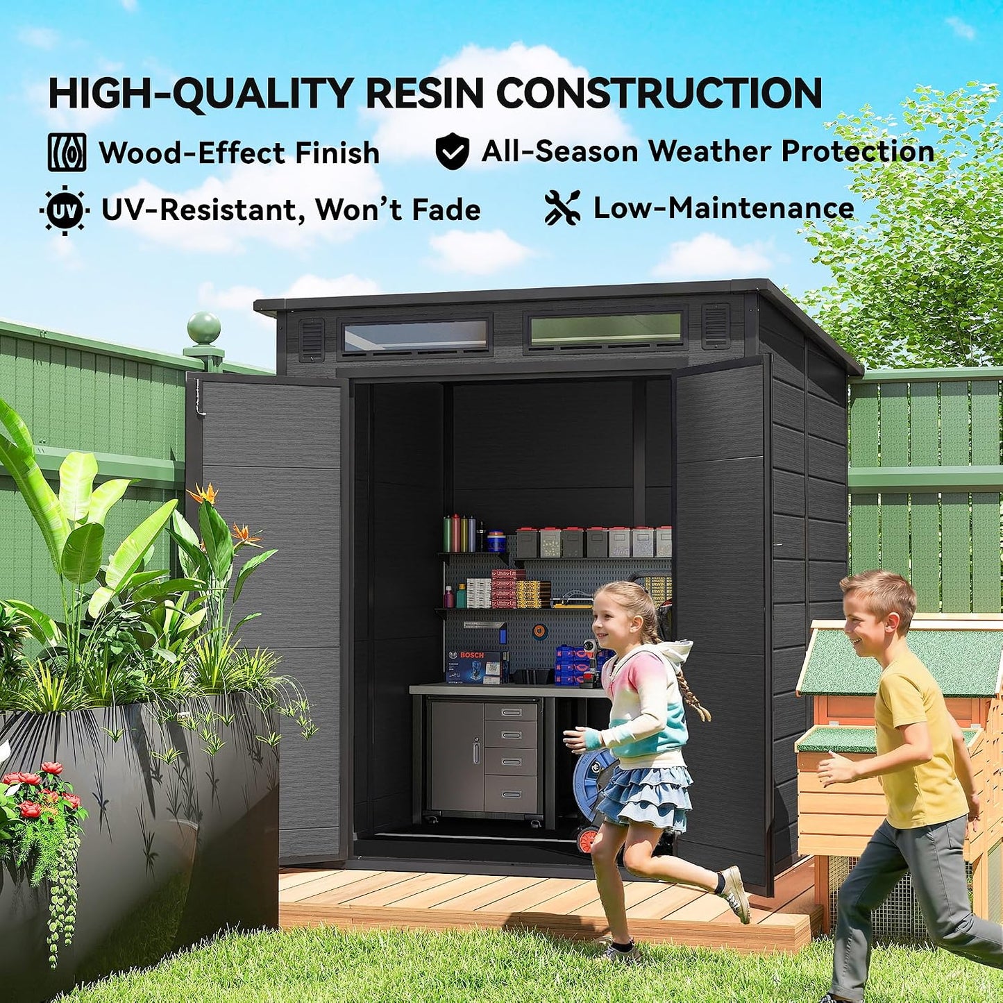 Plastic Garden Storage Shed 6 X 6 Ft Dark Grey Aluminium Frame Double Doors
