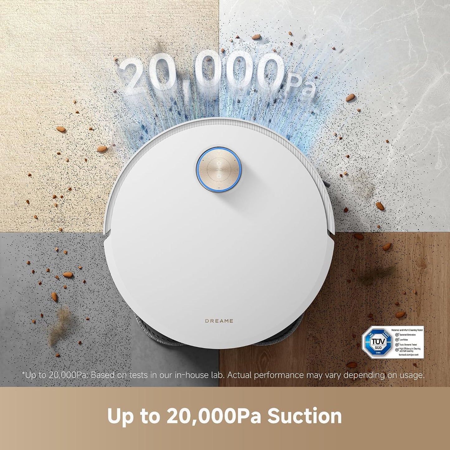 Robot Vacuum And Mop 20000Pa Conquers Obstacles Up To 2.4In Liftable Brush And Mops White