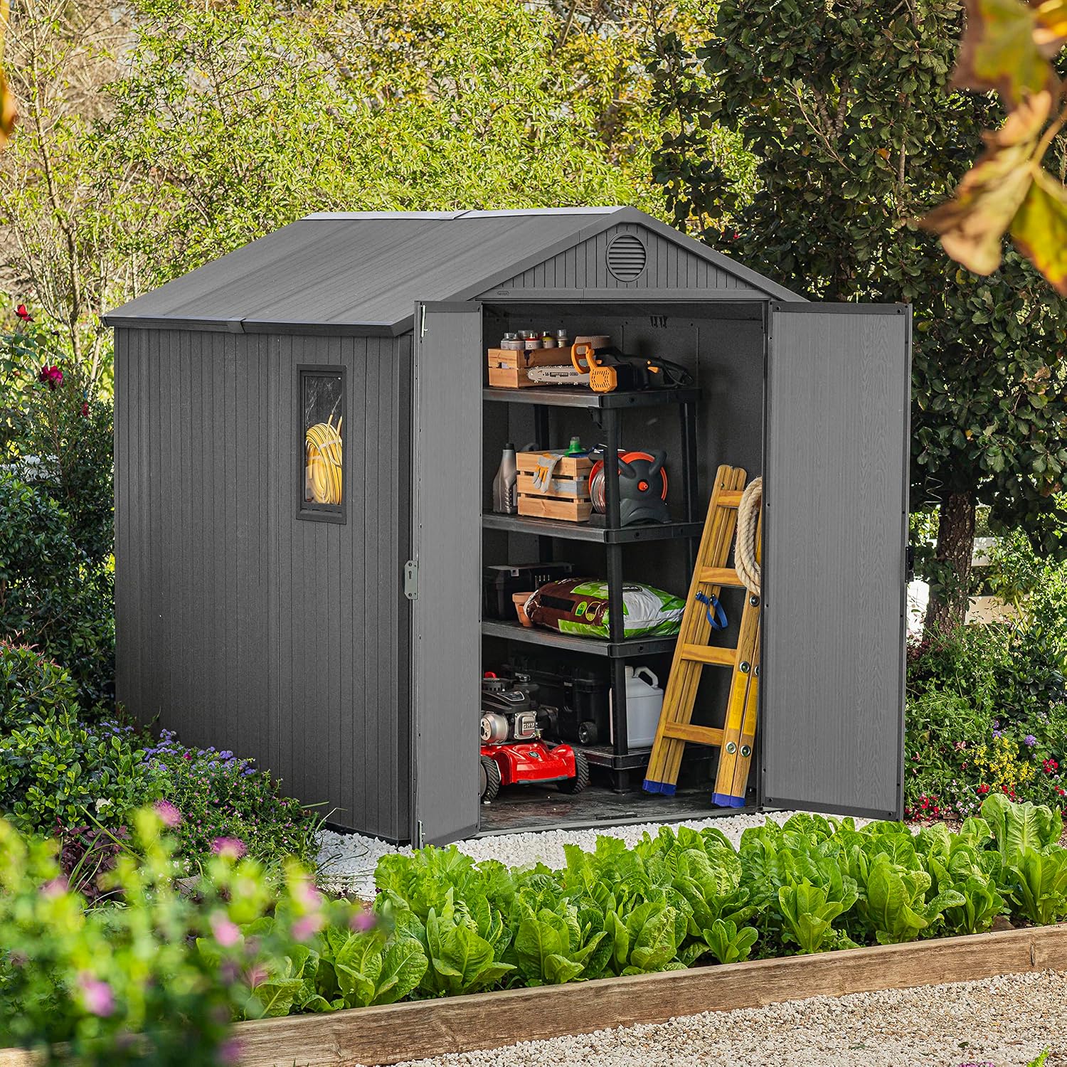 Outdoor Garden Storage Shed 6 X 8 Ft Grey Resin Double Doors