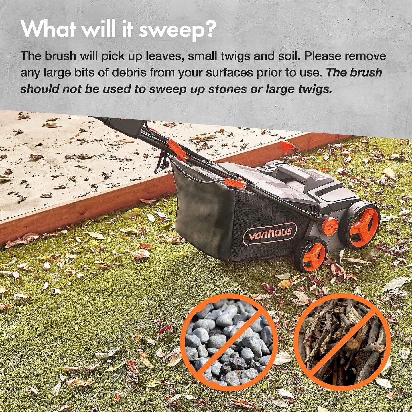 Corded Electric Artificial Grass Sweeper 1800W 45L Bag 380mm 5 Heights Grey Black Orange