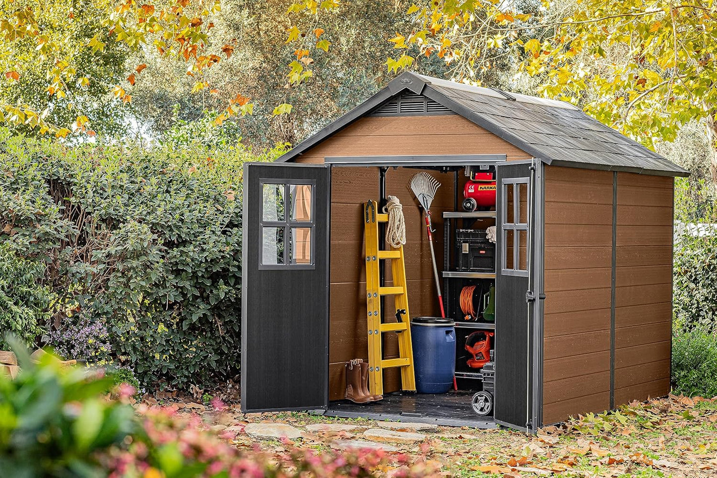 7.5x9ft Newton Garden Shed — Brown Wood-Effect Resin Outdoor Shed