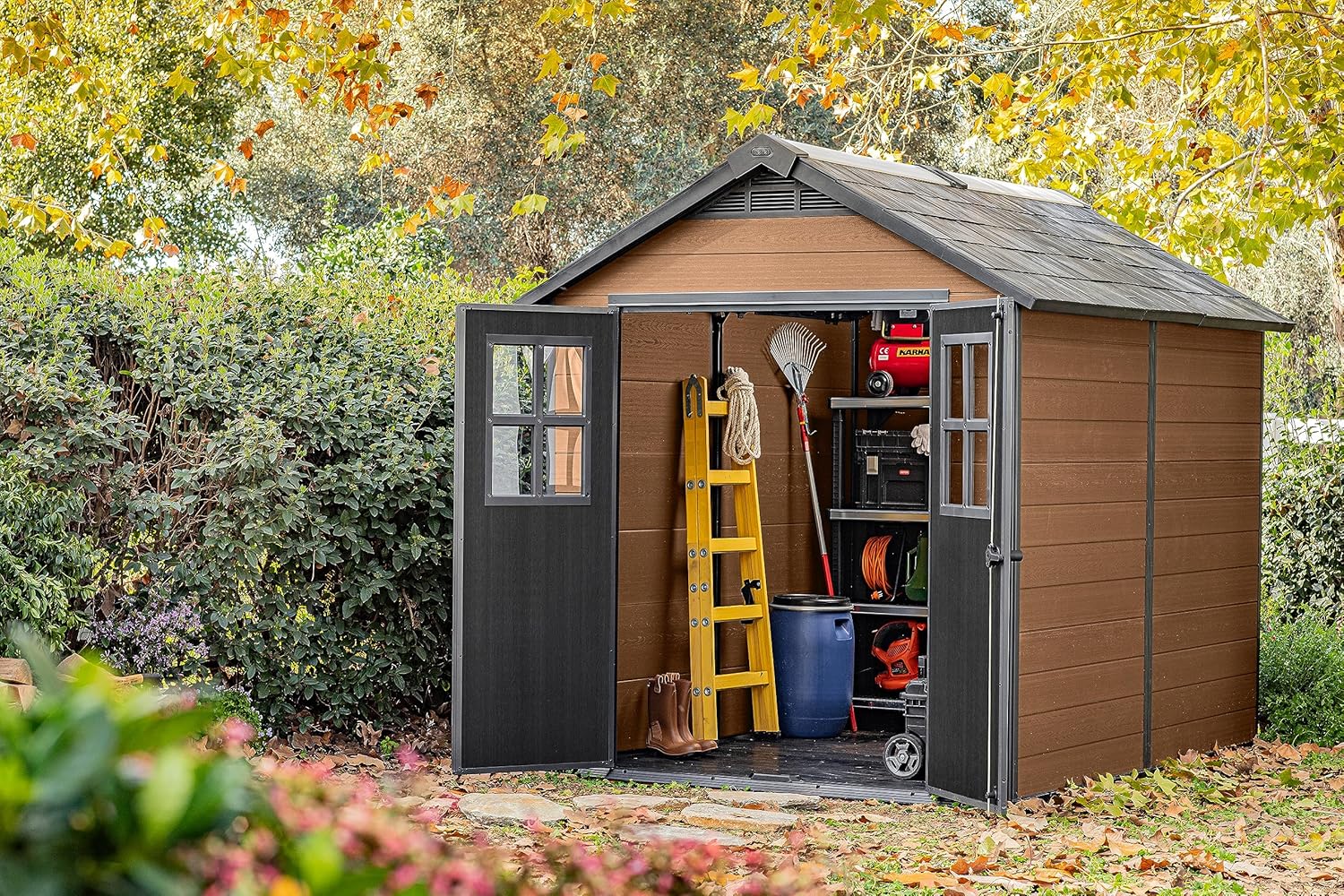 7.5x9ft Newton Garden Shed — Brown Wood-Effect Resin Outdoor Shed