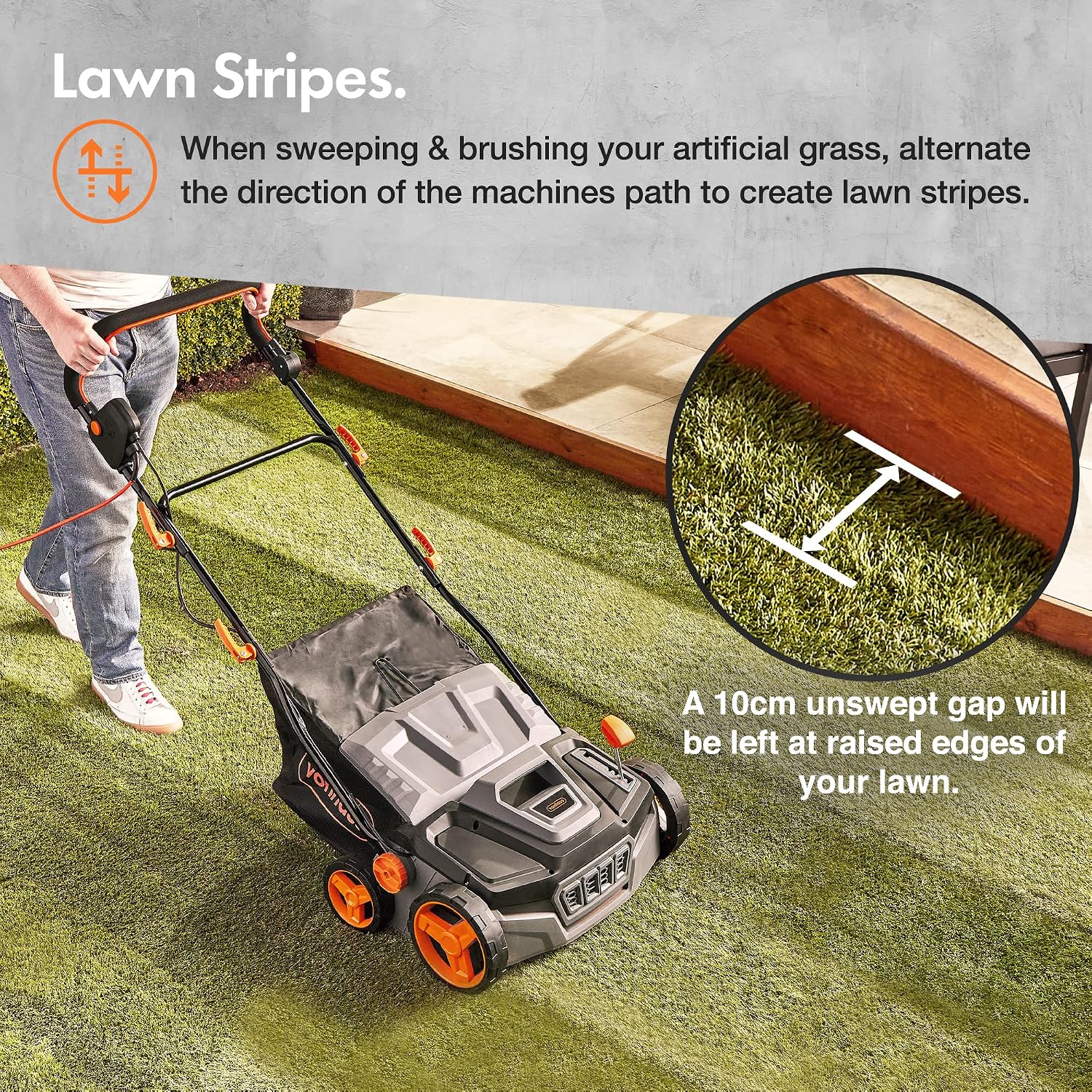 Corded Electric Artificial Grass Sweeper 1800W 45L Bag 380mm 5 Heights Grey Black Orange