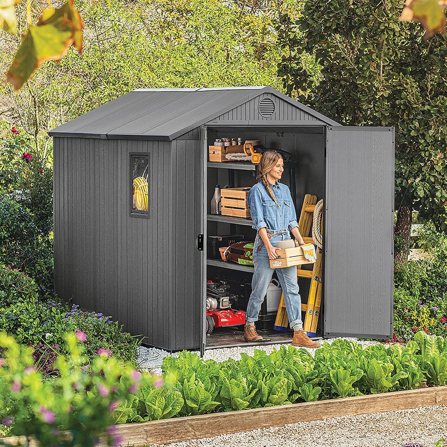 Outdoor Garden Storage Shed 6 X 8 Ft Grey Resin Double Doors
