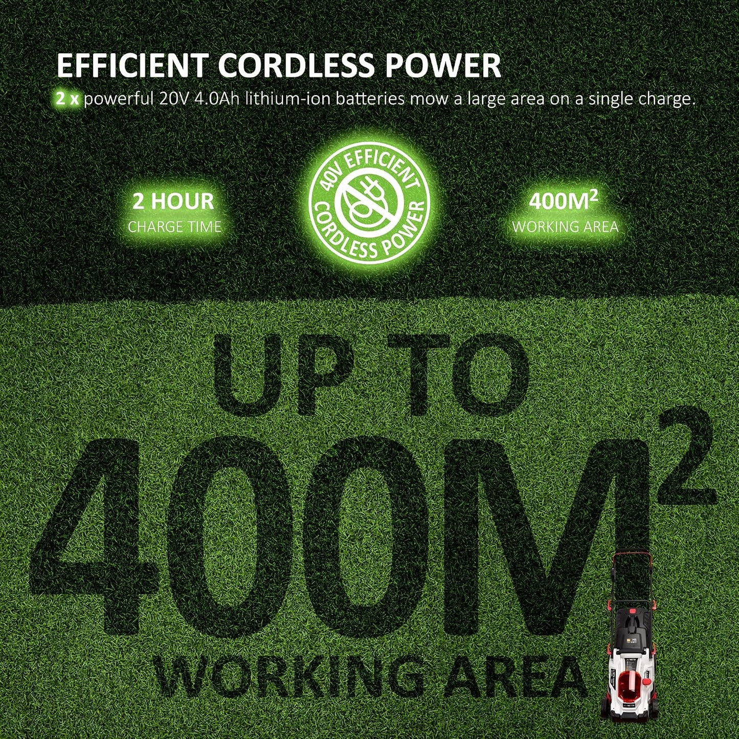 Cordless Lawn Mower 37cm 40V 2x4.0Ah Batteries 6 Heights 35L