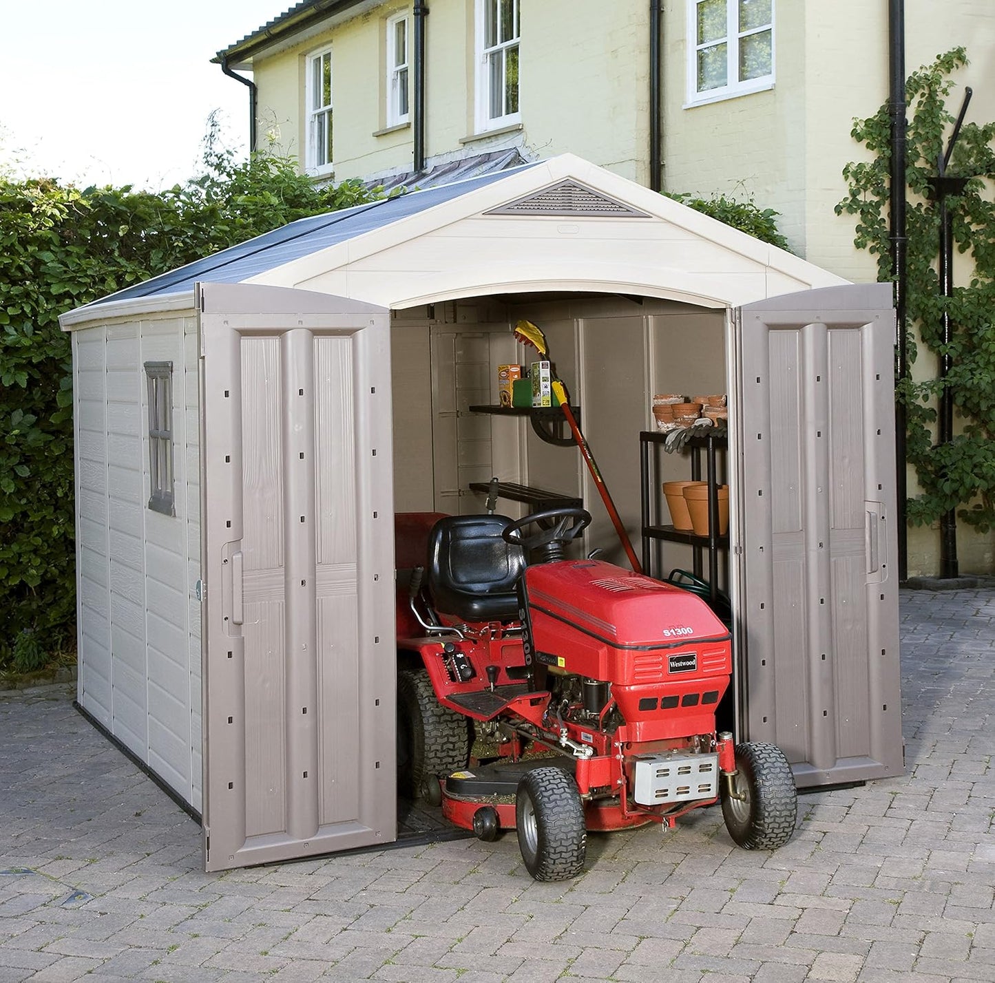 8x11ft Factor Outdoor Garden Storage Shed — Beige Resin, Steel-Reinforced