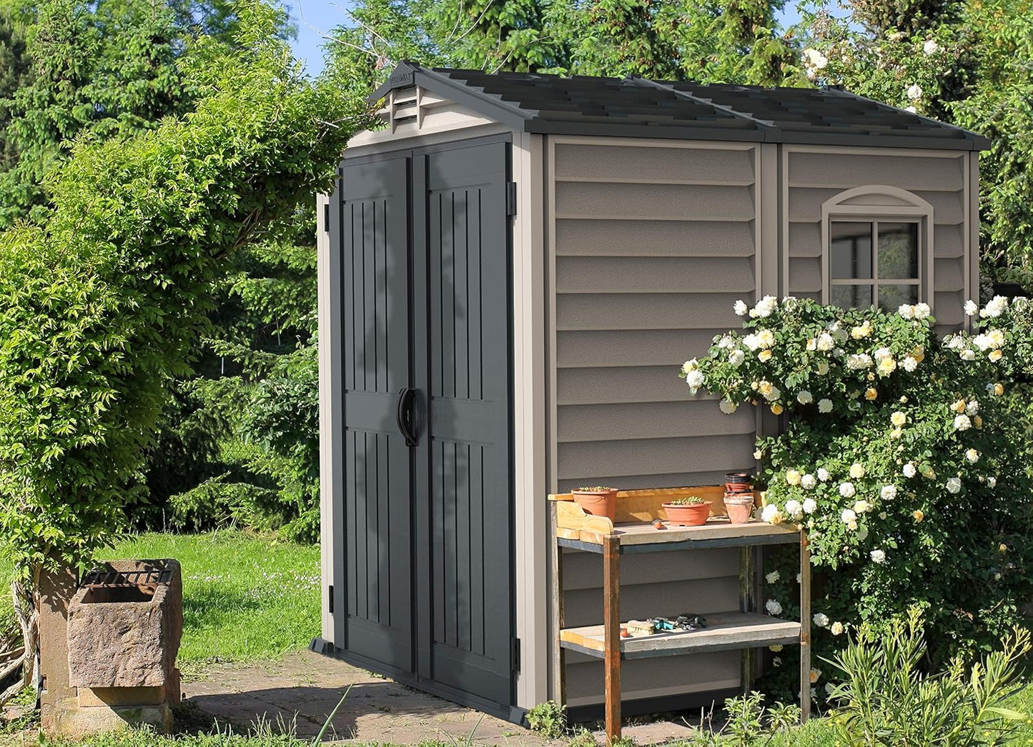 Plastic Garden Storage Shed 6 X 6 Ft Dark Grey Adobe Metal Roof
