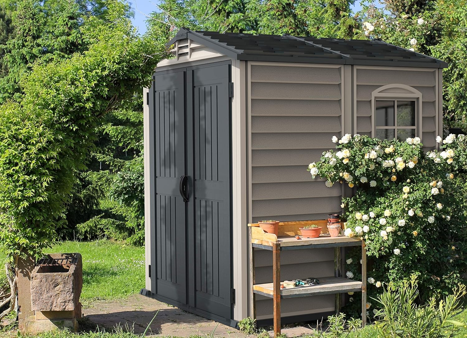 Plastic Garden Storage Shed 6 X 6 Ft Dark Grey Adobe Metal Roof