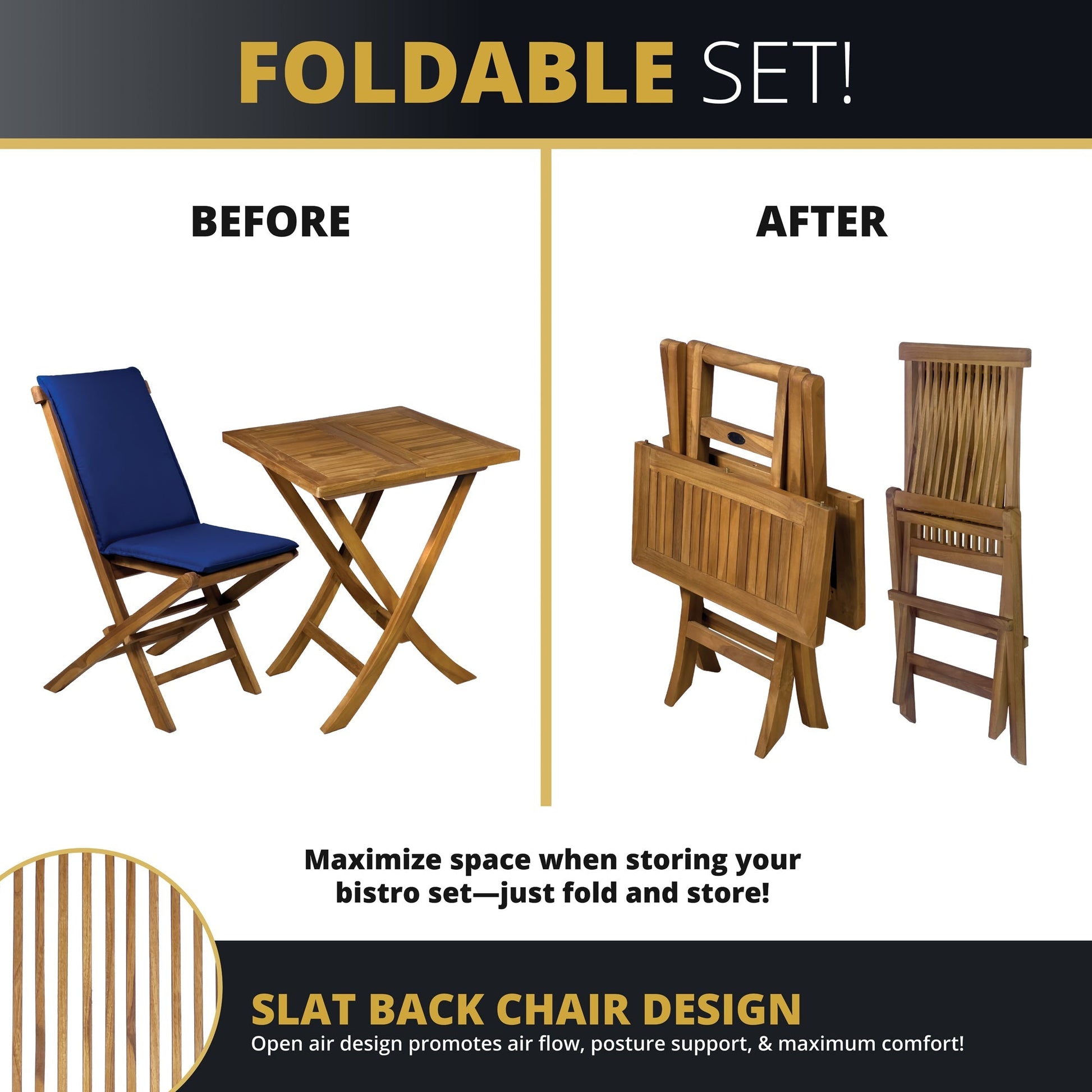 Leona 3PC Foldable Bistro Set - Teakwood
